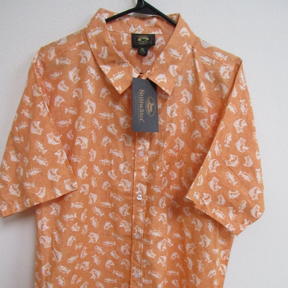 NWT Stillwater Supply Co Dusty Orange Fish AOP Short-Sleeve Button-Up Shirt XL‎
